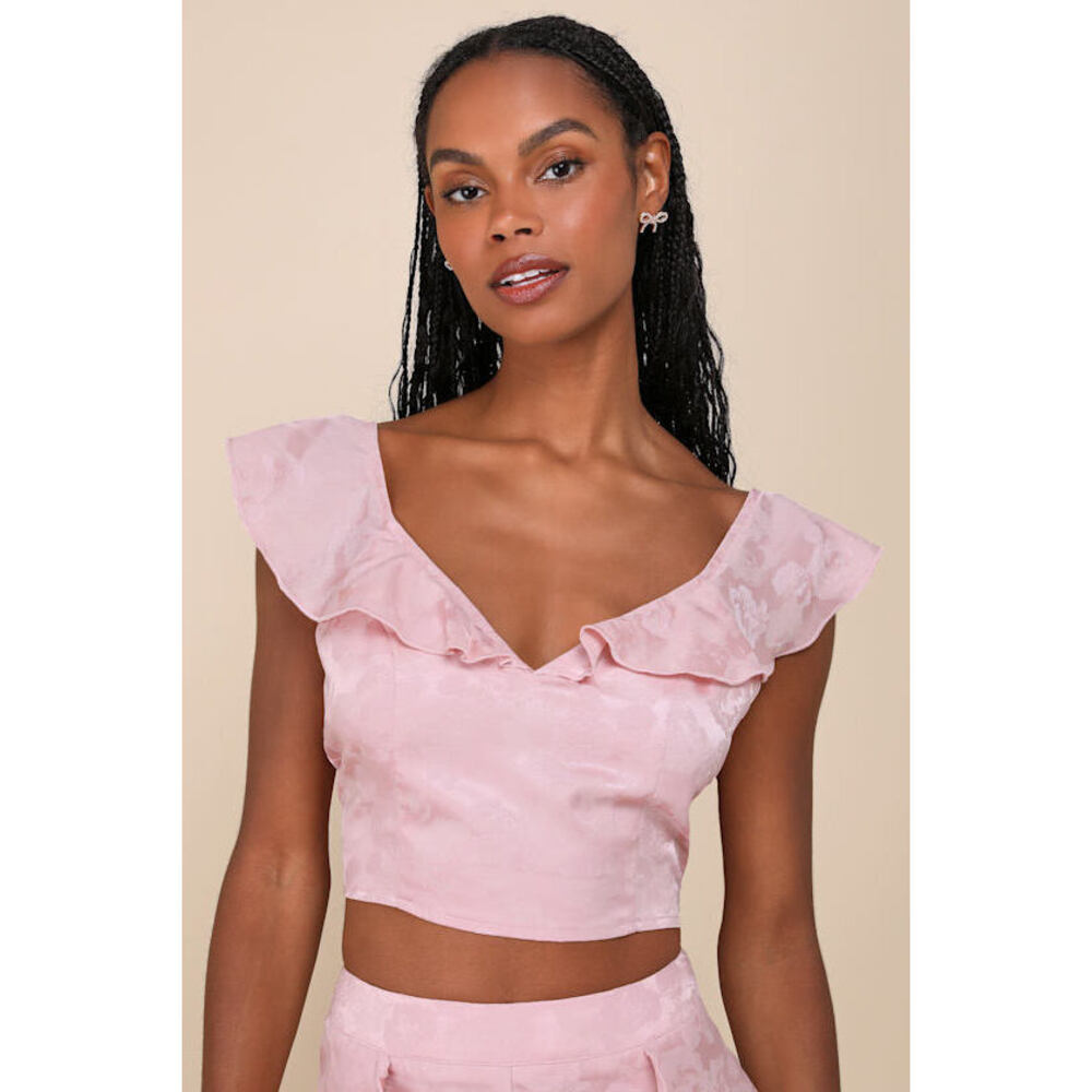 Lulus Exemplary Cutie Light Pink Satin Jacquard Ruffled Crop Top - Size XS